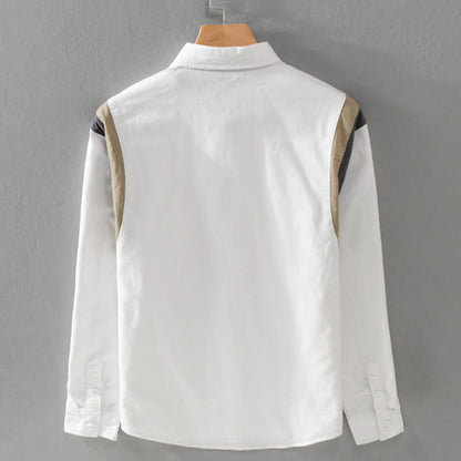 Buddha Stones Spring Color Contrast Patchwork Design Long Sleeve Men Cotton Shirt Clothing