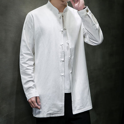 Buddha Stones Simple Tang Suit Plain Chinese Frog-Button Men's Cotton Long Sleeve Jacket Shirt