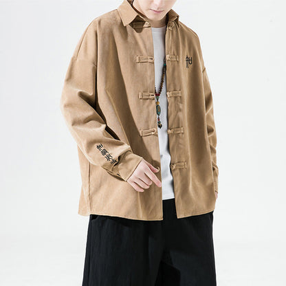 Buddha Stones Embroidery Chinese Frog-Button Design Tang Suit Men's Cotton Long Sleeve Jacket Shirt