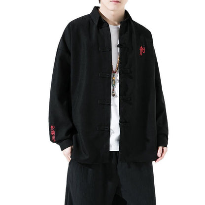 Buddha Stones Embroidery Chinese Frog-Button Design Tang Suit Men's Cotton Long Sleeve Jacket Shirt