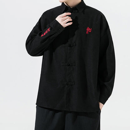 Buddha Stones Embroidery Chinese Frog-Button Design Tang Suit Men's Cotton Long Sleeve Jacket Shirt