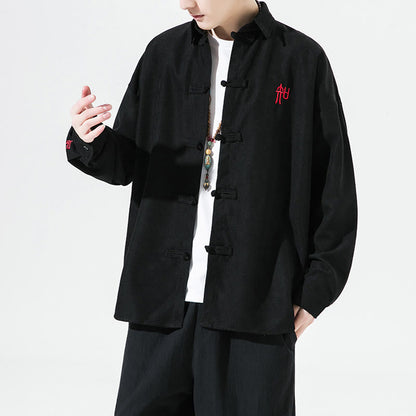 Buddha Stones Embroidery Chinese Frog-Button Design Tang Suit Men's Cotton Long Sleeve Jacket Shirt