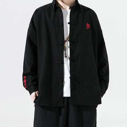 Buddha Stones Embroidery Chinese Frog-Button Design Tang Suit Men's Cotton Long Sleeve Jacket Shirt