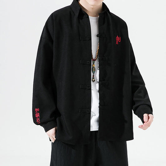 Buddha Stones Embroidery Chinese Frog-Button Design Tang Suit Men's Cotton Long Sleeve Jacket Shirt