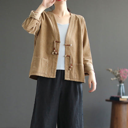 Buddha Stones Women's Cotton Long Sleeve Corduroy Jacket With Pockets