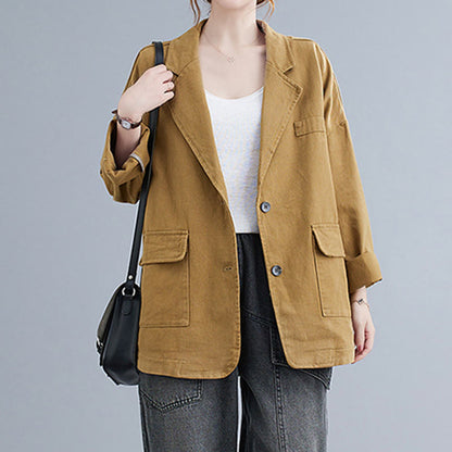 Buddha Stones Solid Color Women's Long Sleeve Cotton Blazer Jacket With Pockets
