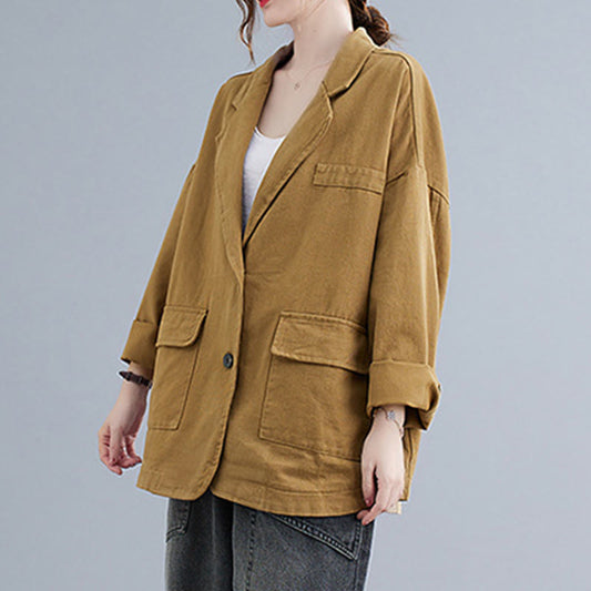 Buddha Stones Solid Color Women's Long Sleeve Cotton Blazer Jacket With Pockets