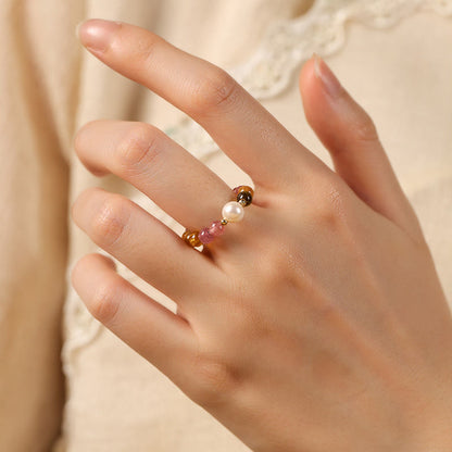 Buddha Stones Natural Tourmaline Lucky Pearl Pixiu Amber Positive Love Ring