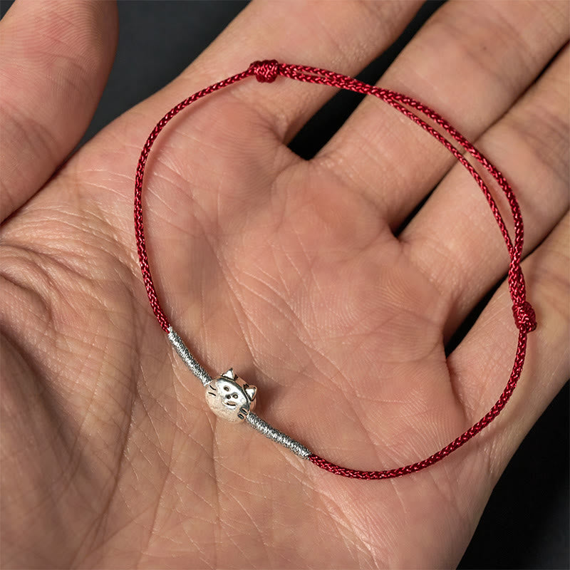 Buddha Stones 925 Sterling Silver Cute Cat Red String Braided Bracelet