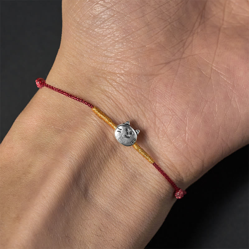 Buddha Stones 925 Sterling Silver Cute Cat Red String Braided Bracelet