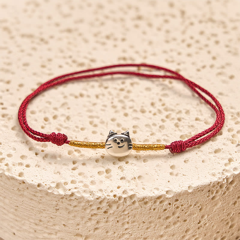 Buddha Stones 925 Sterling Silver Cute Cat Red String Braided Bracelet