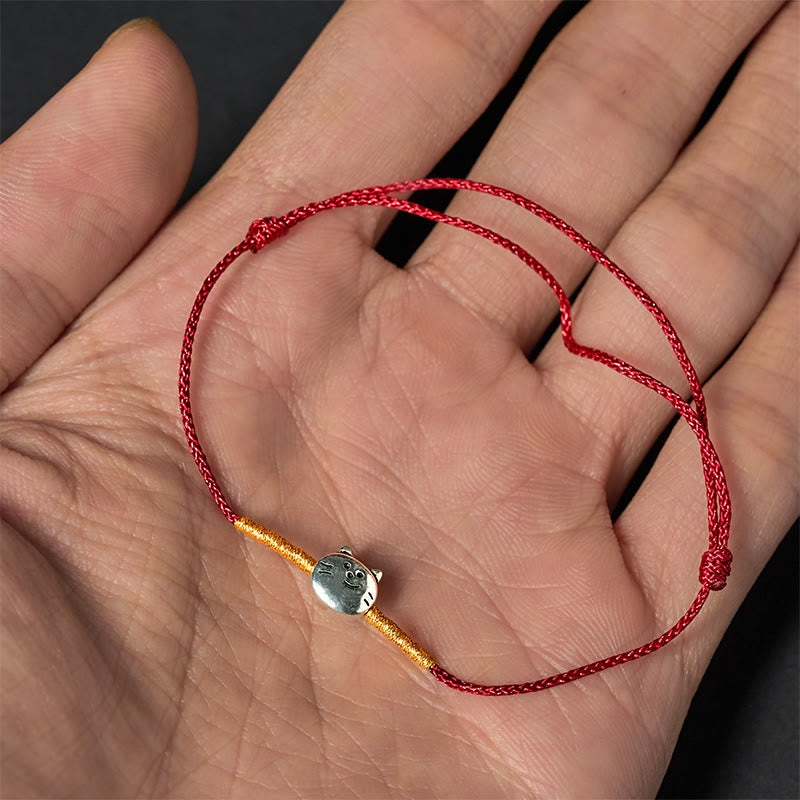 Buddha Stones 925 Sterling Silver Cute Cat Red String Braided Bracelet