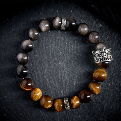 Buddha Stones Tiger Eye Silver Sheen Obsidian Om Mani Padme Hum Horse PiXiu Beast Courage Bracelet