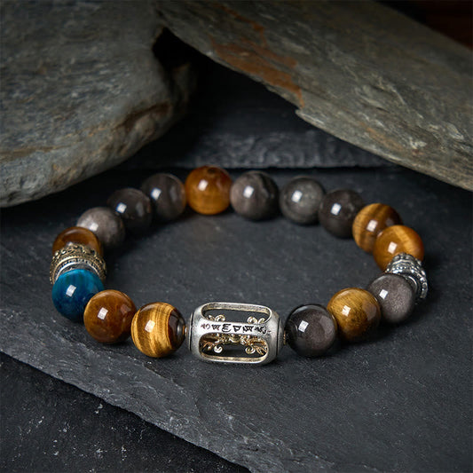 Buddha Stones Silver Sheen Obsidian Tiger Eye Om Mani Padme Hum Three-Faced Buddha Positive Bracelet