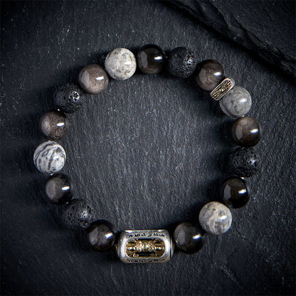 Buddha Stones Silver Sheen Obsidian Lava Rock Grey Jasper Om Mani Padme Hum Vajra Soothing Bracelet