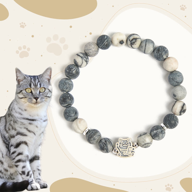 Buddha Stones 925 Sterling Silver Grey Tabby Cat Natural Black Veined Jasper Stability Bracelet