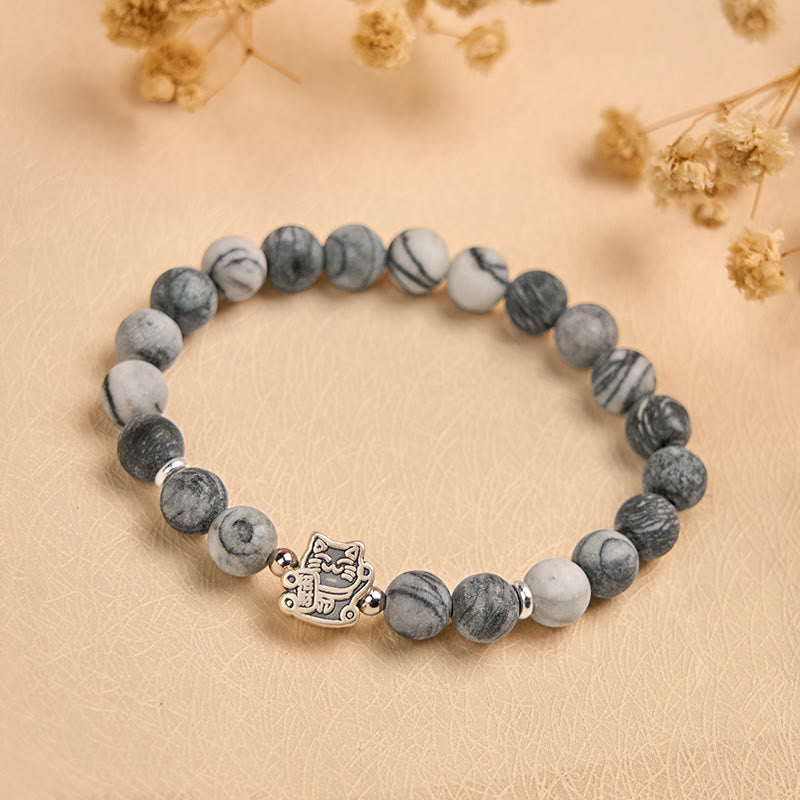 Buddha Stones 925 Sterling Silver Grey Tabby Cat Natural Black Veined Jasper Stability Bracelet