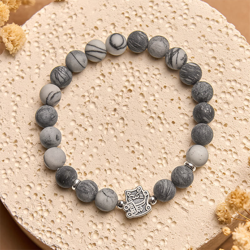 Buddha Stones 925 Sterling Silver Grey Tabby Cat Natural Black Veined Jasper Stability Bracelet