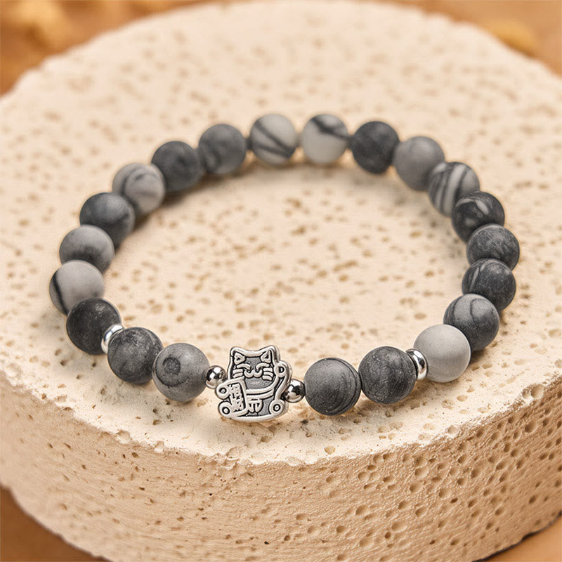 Buddha Stones 925 Sterling Silver Grey Tabby Cat Natural Black Veined Jasper Stability Bracelet
