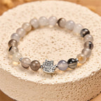 Buddha Stones 925 Sterling Silver Calico Cat Natural Agate Stone Protection Bracelet