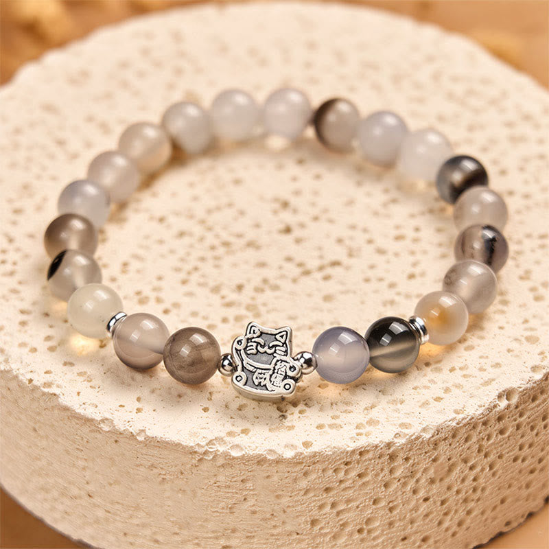 Buddha Stones 925 Sterling Silver Calico Cat Natural Agate Stone Protection Bracelet