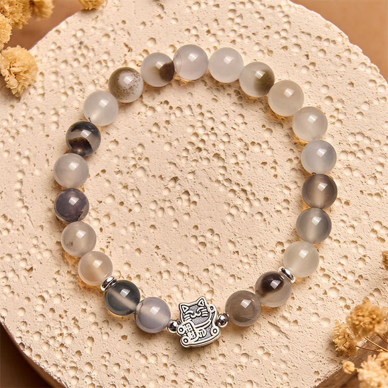 Buddha Stones 925 Sterling Silver Calico Cat Natural Agate Stone Protection Bracelet