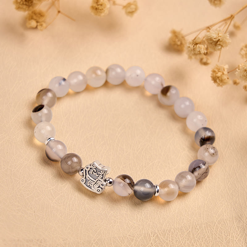 Buddha Stones 925 Sterling Silver Calico Cat Natural Agate Stone Protection Bracelet