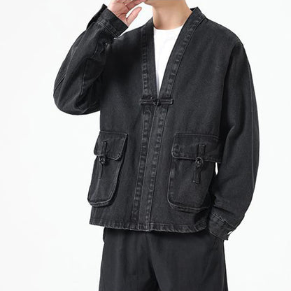 Buddha Stones Denim Button Design Men's Cotton Long Sleeve Jacket With Pockets