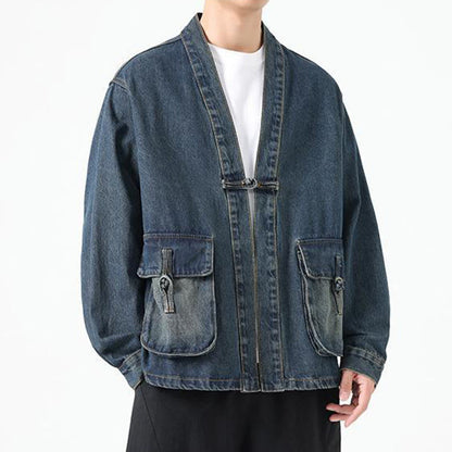 Buddha Stones Denim Button Design Men's Cotton Long Sleeve Jacket With Pockets