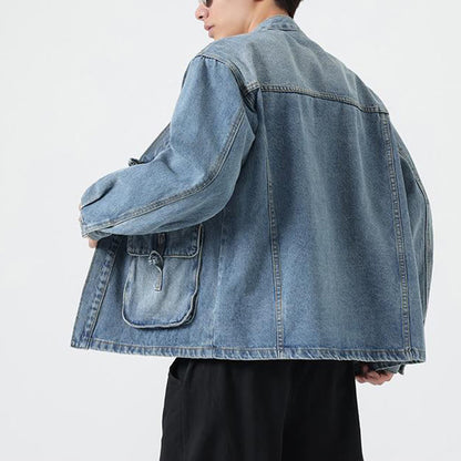 Buddha Stones Denim Button Design Men's Cotton Long Sleeve Jacket With Pockets