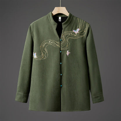 Buddha Stones Winter Embroidered Butterfly Ribbon Fleece-Lined Men's Cotton Long Sleeve Jacket