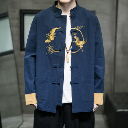Buddha Stones Embroidered Cranes Auspicious Clouds Frog-Button Long Sleeve Cotton Linen Men's Shirt