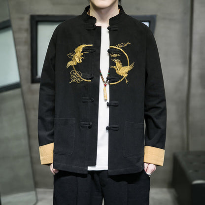 Buddha Stones Embroidered Cranes Auspicious Clouds Frog-Button Long Sleeve Cotton Linen Men's Shirt