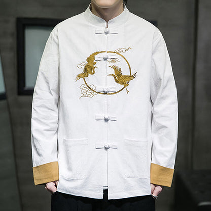 Buddha Stones Embroidered Cranes Auspicious Clouds Frog-Button Long Sleeve Cotton Linen Men's Shirt