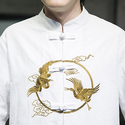 Buddha Stones Embroidered Cranes Auspicious Clouds Frog-Button Long Sleeve Cotton Linen Men's Shirt