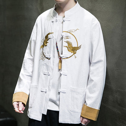 Buddha Stones Embroidered Cranes Auspicious Clouds Frog-Button Long Sleeve Cotton Linen Men's Shirt