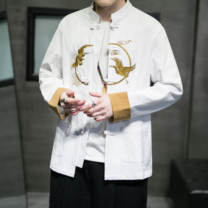 Buddha Stones Embroidered Cranes Auspicious Clouds Frog-Button Long Sleeve Cotton Linen Men's Shirt