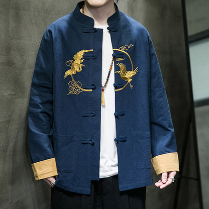 Buddha Stones Embroidered Cranes Auspicious Clouds Frog-Button Long Sleeve Cotton Linen Men's Shirt
