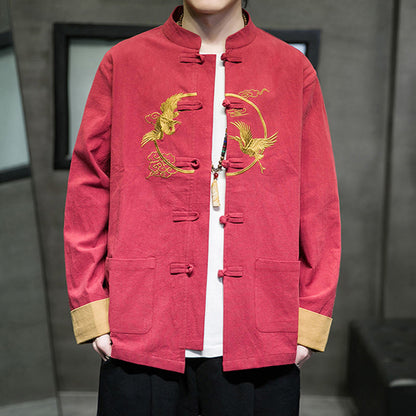 Buddha Stones Embroidered Cranes Auspicious Clouds Frog-Button Long Sleeve Cotton Linen Men's Shirt