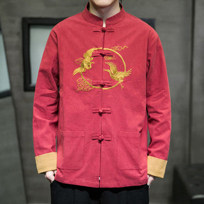 Buddha Stones Embroidered Cranes Auspicious Clouds Frog-Button Long Sleeve Cotton Linen Men's Shirt