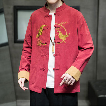 Buddha Stones Embroidered Cranes Auspicious Clouds Frog-Button Long Sleeve Cotton Linen Men's Shirt
