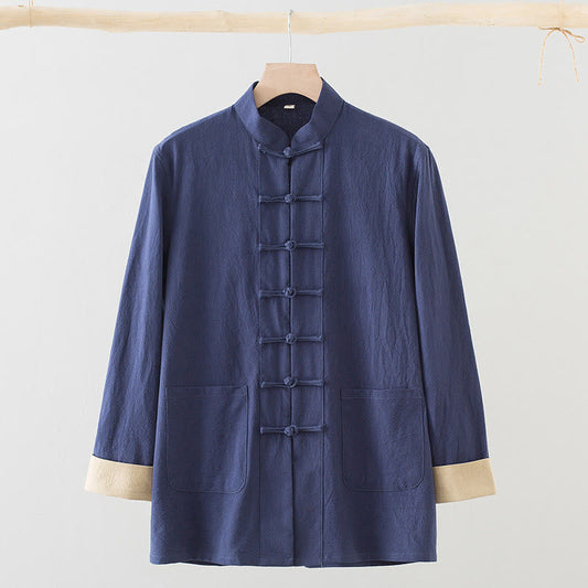 Buddha Stones Solid Long Sleeve Frog-Button Design Cotton Men's Shirt