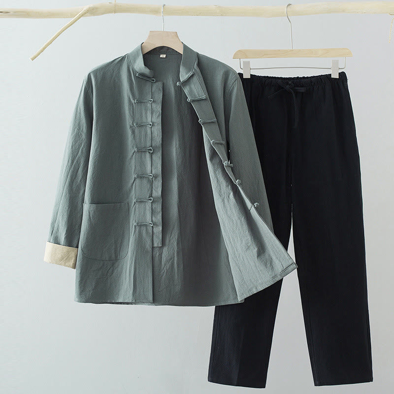 Buddha Stones 2Pcs Tang Suit Men's Frog-Button Cotton Long Sleeve Shirt Pants Set With Pockets