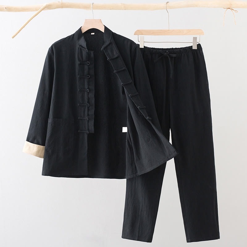 Buddha Stones 2Pcs Tang Suit Men's Frog-Button Cotton Long Sleeve Shirt Pants Set With Pockets