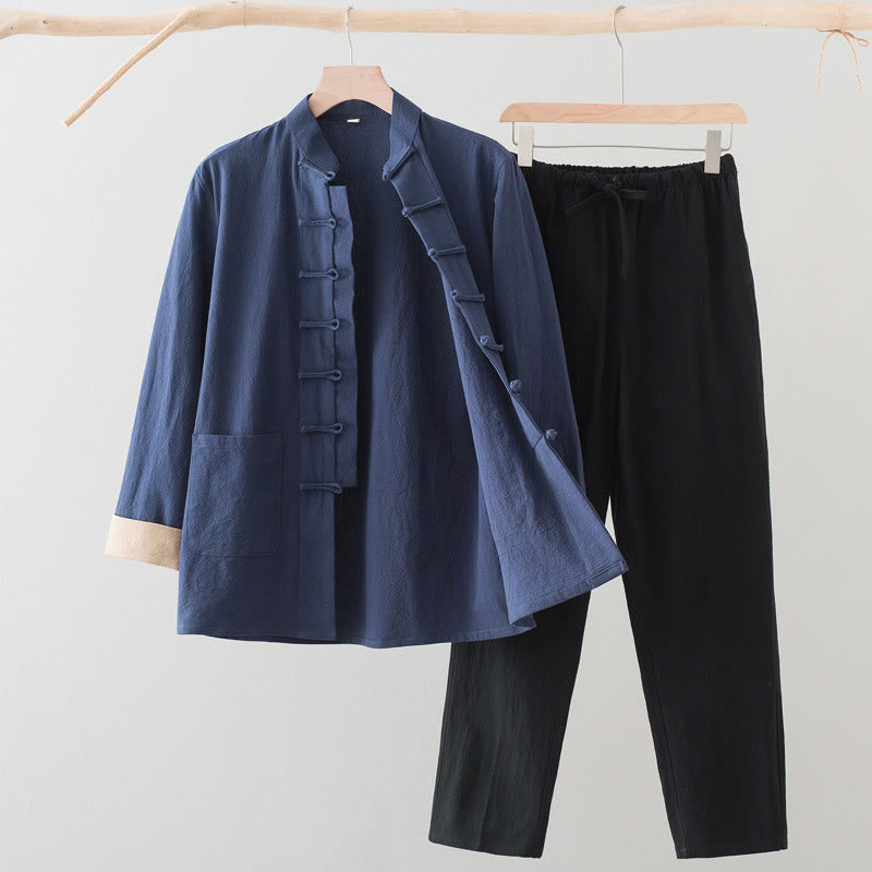 Buddha Stones 2Pcs Tang Suit Men's Frog-Button Cotton Long Sleeve Shirt Pants Set With Pockets