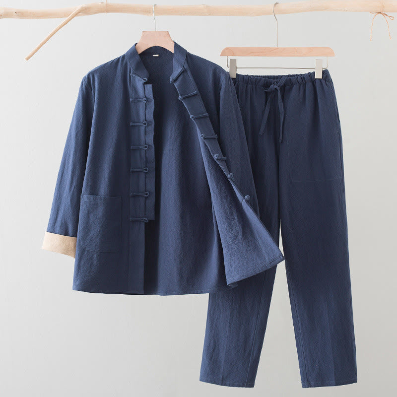 Buddha Stones 2Pcs Tang Suit Men's Frog-Button Cotton Long Sleeve Shirt Pants Set With Pockets