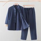 Buddha Stones 2Pcs Tang Suit Men's Frog-Button Cotton Long Sleeve Shirt Pants Set With Pockets