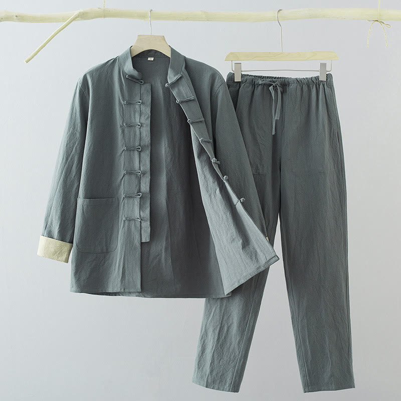 Buddha Stones 2Pcs Tang Suit Men's Frog-Button Cotton Long Sleeve Shirt Pants Set With Pockets
