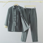 Buddha Stones 2Pcs Tang Suit Men's Frog-Button Cotton Long Sleeve Shirt Pants Set With Pockets