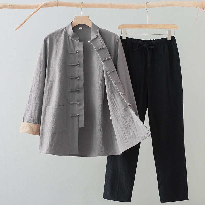 Buddha Stones 2Pcs Tang Suit Men's Frog-Button Cotton Long Sleeve Shirt Pants Set With Pockets